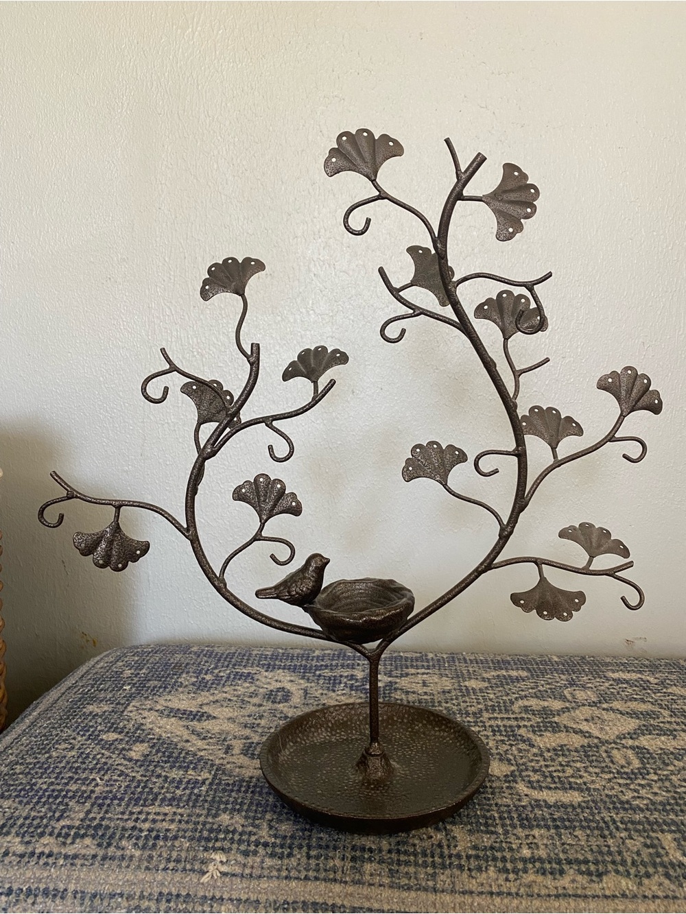 Bronze Cast Iron Ginkgo Leaf Jewelry Tree  Organizer with Bird Nest Trinket Dish - Picture 7 of 7